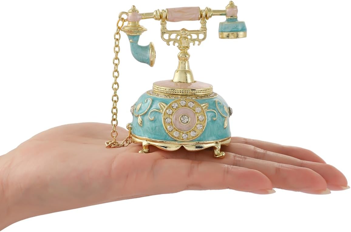 Retro Telephone Shape Trinket Boxes Hinged Hand-Painted Small Jewelry Box Enamel Wedding Favor Unique Gift for Women (Blue)