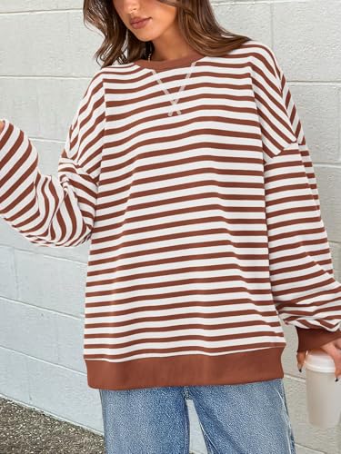 Image of PRETTYGARDEN Womens Striped Oversized Sweatshirt Color Block Crew Neck Long Sleeve Casual Loose Pullover Top Y2K Clothes