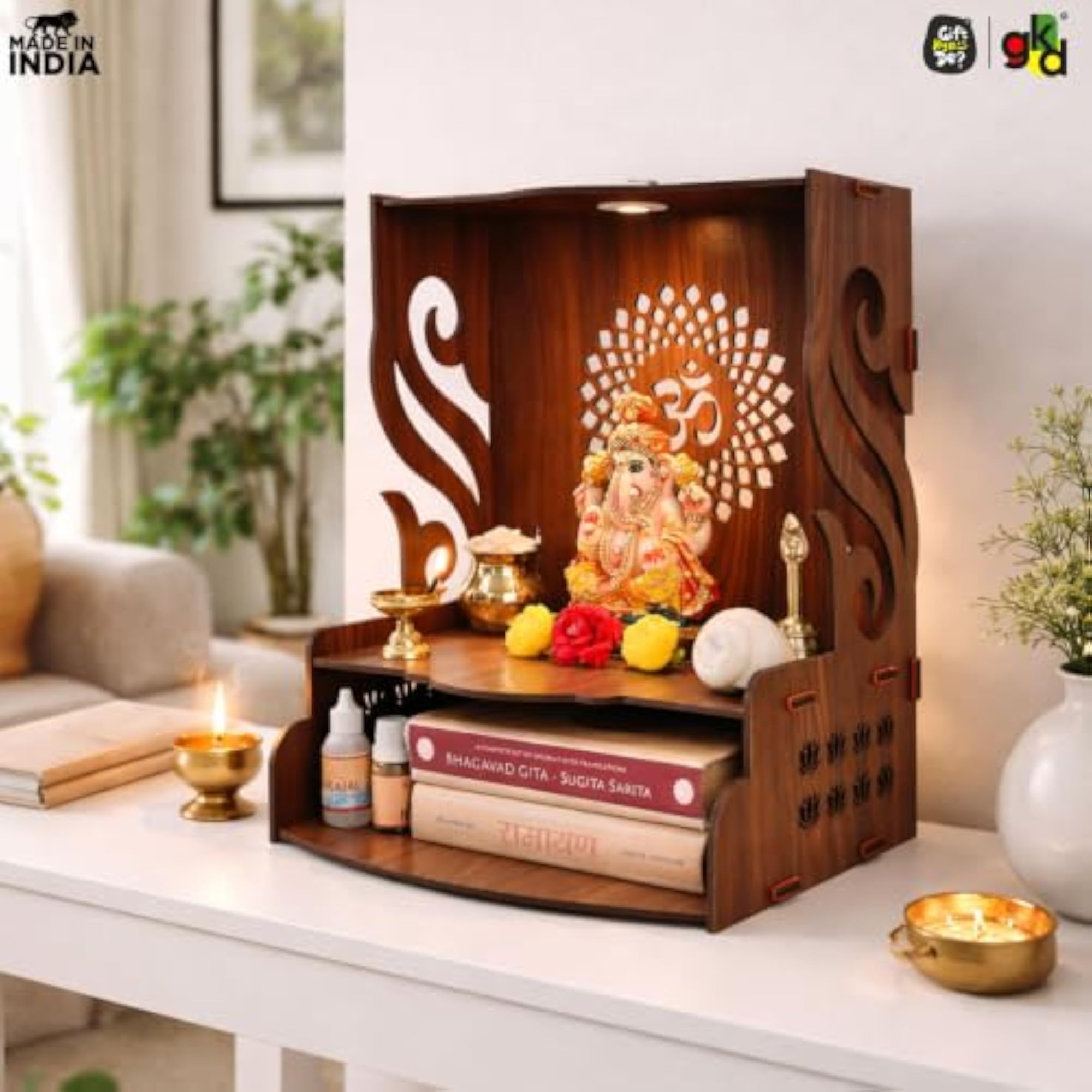 Wooden Pooja Mandir for Home Wall, Compact DIY Mandir