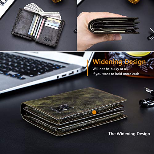 Image of BULLCAPTAIN Expanded Design Retro Leather Wallet for Men Women Large Capacity with 15 Card Slots RFID Credit Card Holder QB027YLW, Forest green, M, Retro