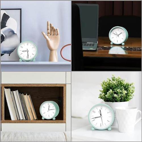 Image of Alarm Clock Analog Table Clock with Twin Bell Design and Numbered Dial, Desktop Timepiece (Analog Alarm Clock Teal Green)