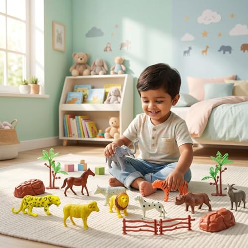 Image of ZESTHOME Animal Toys for Kids | Jungle & Zoo Animal Figurine Set with Accessories | 6-8 cm Realistic Figures | Educational & Pretend Play Toy for Boys & Girls (Ages 2+) | 17-Piece Set