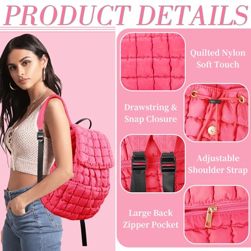 Image of Quilted Puffer Backpack for Women, Lightweight Soft Nylon Quilted Hiker Pack Top Flap Drawstring Backpack, Trendy Puffy Padding Gym Travel Bag for Casual Daypack Hiking Sport (Rose Red)