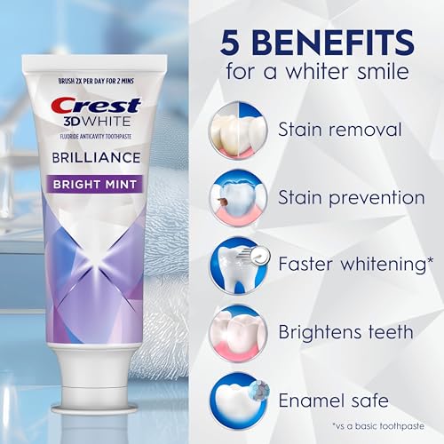 Image of Crest 3D White Brilliance Bright Mint Teeth Whitening Toothpaste, 4.3 oz Pack of 3, 100% More Surface Stain Removal, 24 Hour Active Stain Prevention, Whiter Teeth in 3 Days