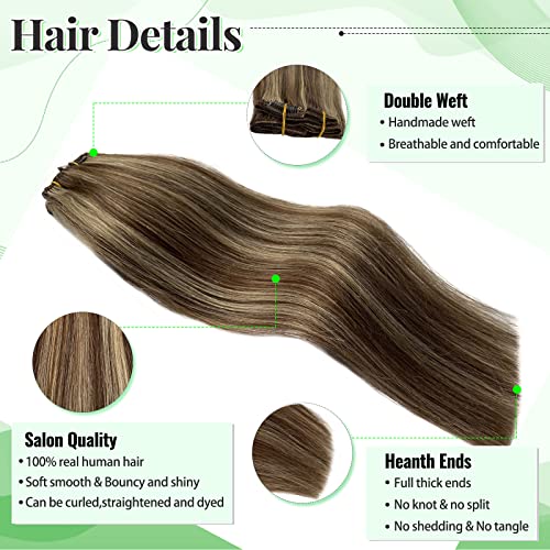 Image of Human Hair Extensions Silky Straight 18 Inch 70g 5pcs Double Weft Clip in Extensions Medium Brown to Beige Blonde Seamless Clip ins Thick Ends Remy Hair for Women
