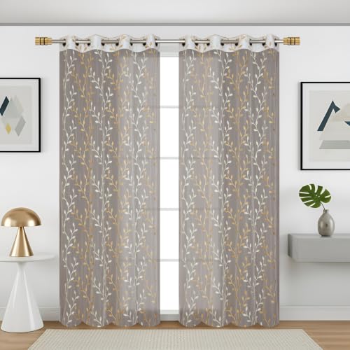 Image of Fabrilia Sheer Tissue Embroidery Curtain for Living Room, Bedroom & Dining Area | Leaf Vine Pattern Net Eyelet Curtain | Cream with Gold Touch Design | 5 feet Long Set of 2 Curtain