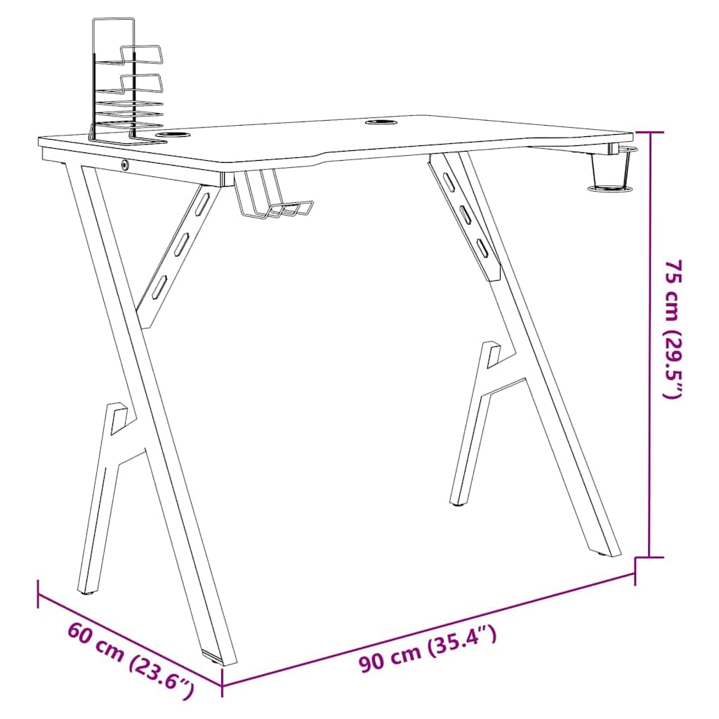 Gaming-Schreibtisch mit Y-Gestell Schwarz 90x60x75 cm, ergonomischer Computertisch mit Kopfhörerablage und Becherhalter, Stabiler Schreibtisch für Monitor und Zubehör