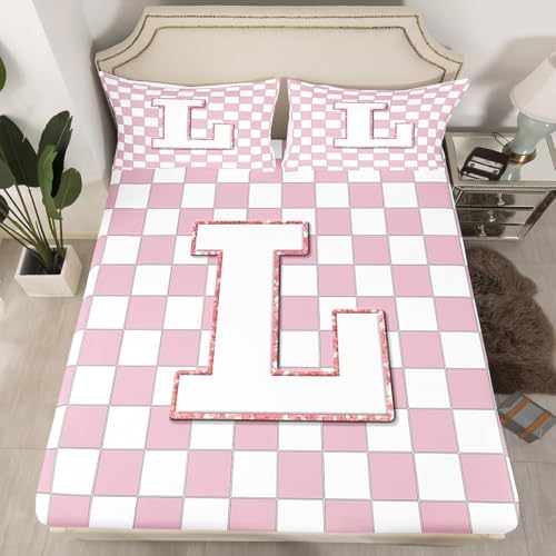 Image of Erosebridal Pink Initial L Bed Sheets King Kawaii Plaid Checkered Sheet Set Cute Personalized Monogram Bedding Set for Kids Girls Teen Women,Fashion Grids Gingham Fitted Flat Sheets 4 Piece