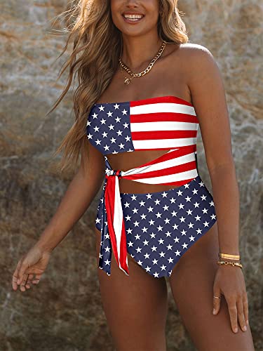 Image of Viottiset Women's Bandeau One Piece Swimsuit Strapless Tie High Cut Out Bathing Suit