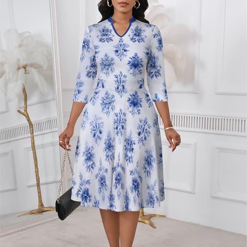 Image of PinkPatty Women's Casual A-line Midi Dresses 3 /4 Sleeve V Neck Fit and Flare Dress with Pockets