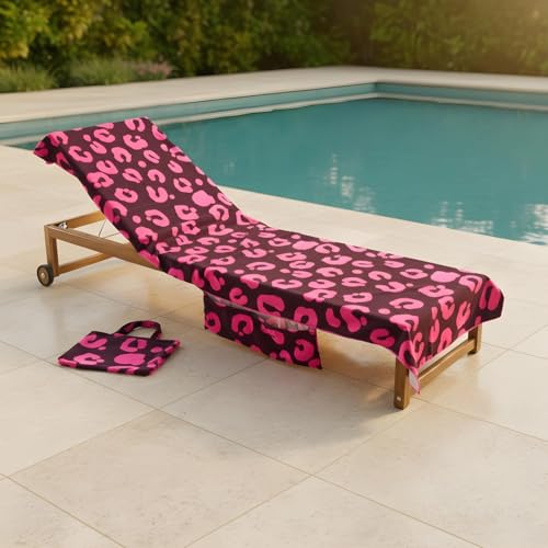 OHS Sun Lounger Beach Towels for Adults Soft Quick-Dry Absorbent Sun Bed Towel with Pockets Lightweight Large Beach Towel in a Bag Holiday Essentials 75 x 215cm - Burgundy Abstract Leopard Print