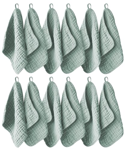 Image of Ease Cubs 12 Pack Muslin Washcloths for Baby - 100% Cotton Baby Wash Cloths for or Baby Face Body Comfy and Soft for Newborn Infants Kids Girls and Boys - 12"x12" - Green