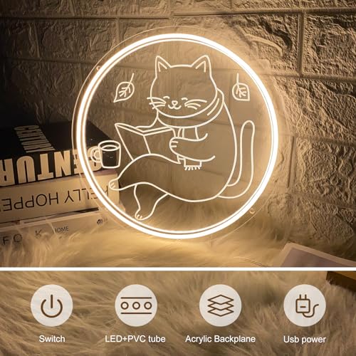 Image of Cat Neon Signs,Cool Reading Cat Led Signs for Bedroom Wall Decor Anime Reading Nook Light Neon for Home Party Room Decor Animal Lover Gifts Cat Wall Art