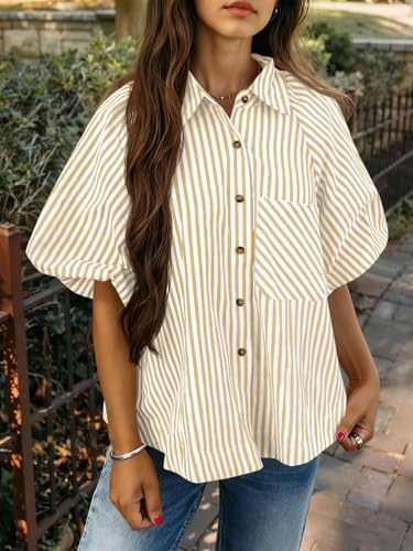 Image of Tankaneo Womens Short Puff Sleeve Button Down Shirts Striped Trendy Casual Loose Fit Blouse V Neck Collared Tops