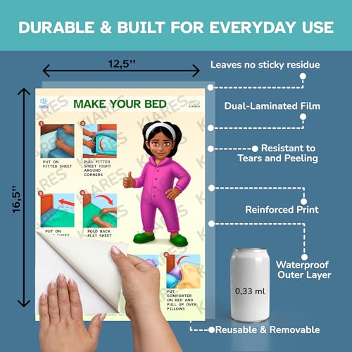 Make Your Bed Routine for Toddlers - 12.5 x 16.5 Inches – Self-Adhesive Visual Aid Poster for Kids with Autism & ADHD – 16 Ethnic Options – OT Designed - Made in USA (South Asian Girl) by KIARES - Image 5