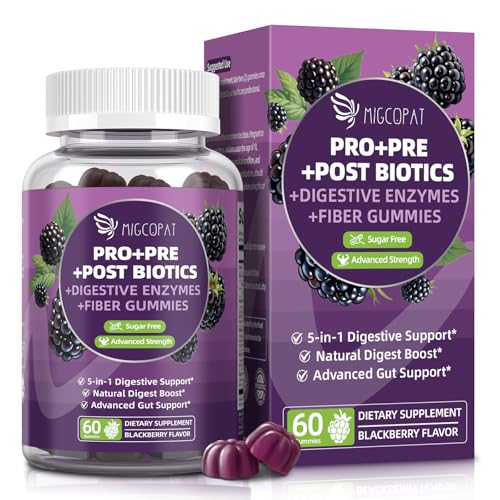 Migcopat Pre Post Probiotics Gummies, 5 in 1 Probiotic Prebiotic Postbiotic Digestive Enzymes with