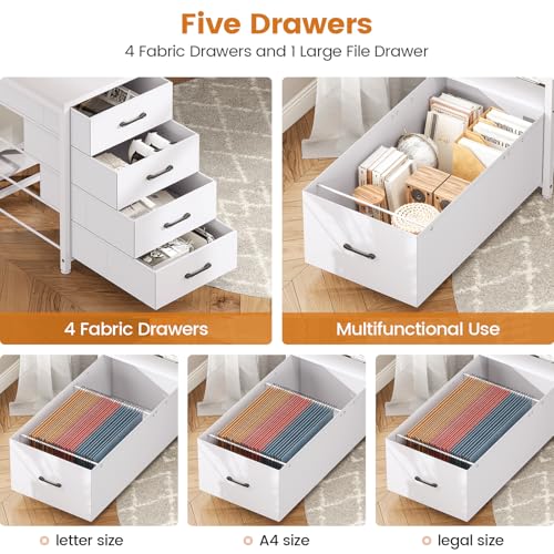 Image of SEDETA White Computer Desk with 5 Drawer & Power Outlet, 75'' Home Office Desk with File Drawer, Storage Shelves, Printer Cabinet and Monitor Shelf, Gaming Desk with Led Lights, 23.6 inch W Desktop