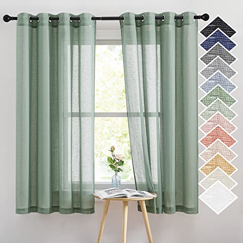 NICETOWN Linen Textured Semi Sheer Curtains, Eyelet Top Bedroom Window Privacy with Light Filtering Flax Linen Blend Sheer Drapes for Bedroom, 2 Panels, Olive Green, W52 x L63