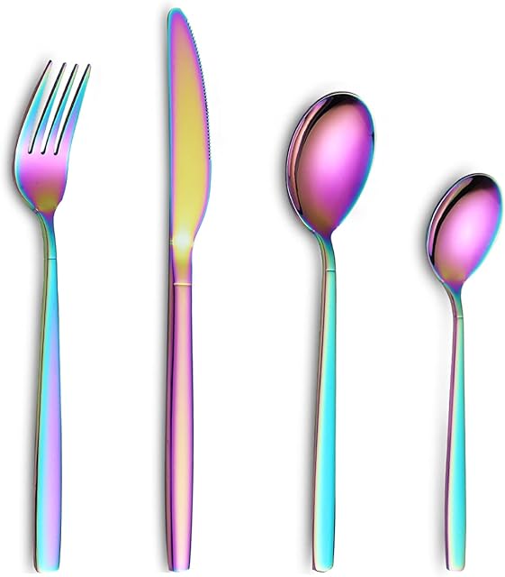 Amazon Brand - Eono Rainbow Cutlery Set for 4 People, Stainless Steel Flatware Set, Tableware Silverware Set with Knife and Fork Sets, Mirror Polished and Dishwasher Safe - 16 Pieces