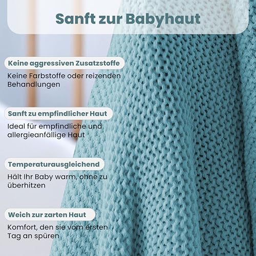 Image of 100% Organic Cotton Baby Knitted Blanket with Gift Box - Soft Toddler, Crib, Stroller Blanket - Neutral Swaddle and Receiving Blanket for Newborns, 30 inchx40 inch, Smoke Blue