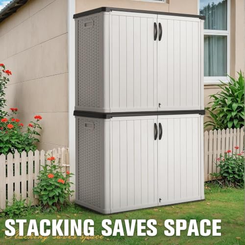 Image of Greesum Outdoor Storage Cabinet 30 CuFt, Resin Large Storage Box Weather Resistance with Lockable Doors, Easy to Assemble, Horizontal Storage Shed for Garden, Patio, Backyard, White (Without Shelf)
