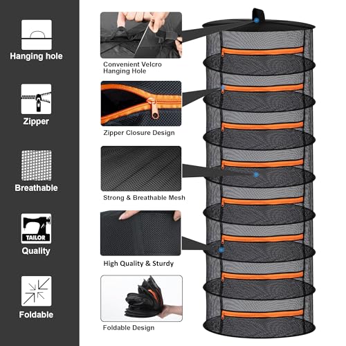 Image of Desy & Feeci Herb Drying Rack-2ft Diameter 8 Layer Folding Mesh Hanging Basket Dryer Net with Zippers for Seeds Flowers Buds Plants Garden Outdoor Bumper Harvest(D24xH31 inch)