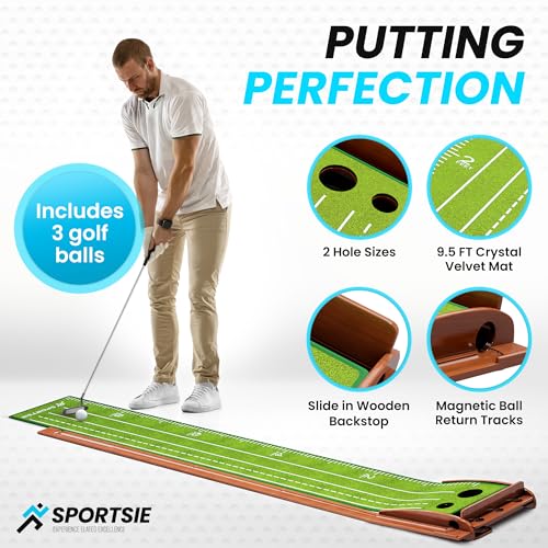 Sportsie 9.5FT Golf Putting Mat with Ball Return Tracks - Backyard Putting Green Kit with 3 Putter Ball, 2 Holes, and Putting Trainer Alignment Mirror - Nonslip Golf Putting Matt for Indoors Outdoors