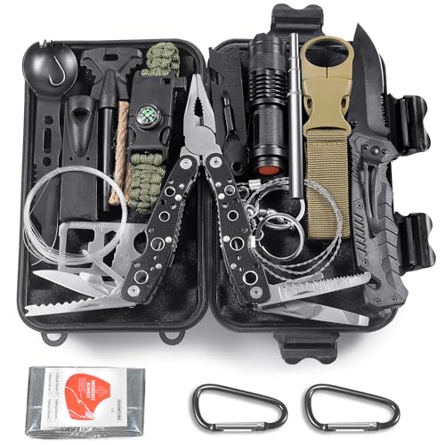 Graxury 14 en 1 Trousse de Survie Polyvalente Trousse de Premiers Soins pour Les Sports de Plein Air, Le Camping, l'alpinisme, Les Pierres Ignifuges (Couteau et Pince)