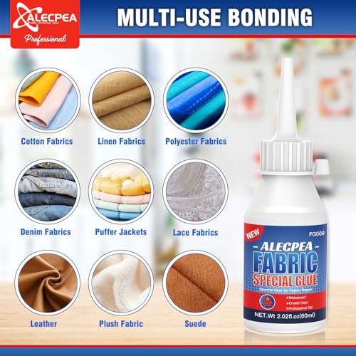 ALECPEA 60ML Fabric Glue for Clothing Permanent Washable 100% Waterproof, No Sew Solution, Washer/Dryer Safe