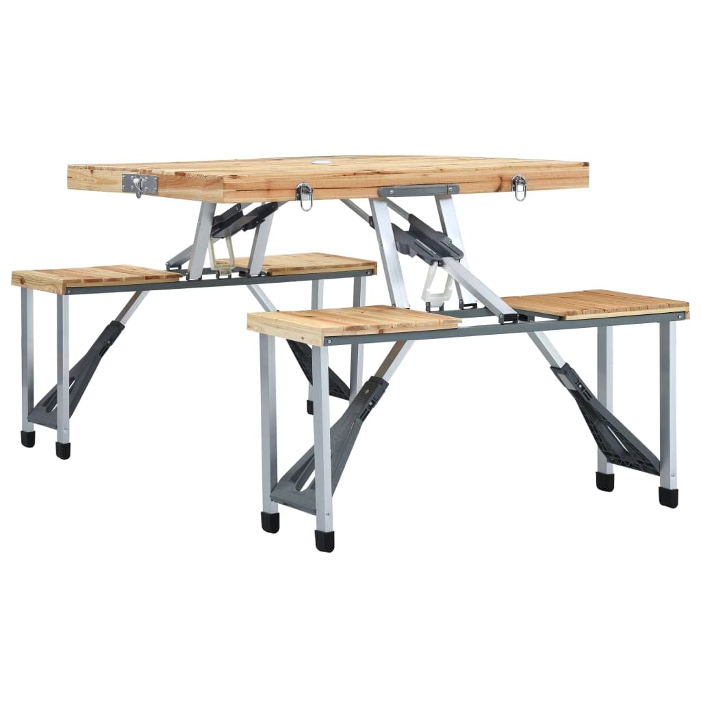 Klappbarer Campingtisch mit 4 Sitzen Stahl Aluminium | Tannenholz Tischplatte, Schirmloch, Koffer-Design für einfachen Transport, tragbar für Garten und Camping
