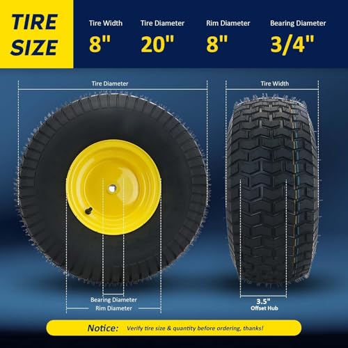 BDELI 2-Pack 20" x 8.00-8" Rear Tire & Wheel Assemblies | 4-Ply Tubeless Direct Replacement for Riding Lawn Mowers | Specs: 3/4" Borehole, 3.5" Offset Hub, 3/16" Keyway by BDELI - Image 6
