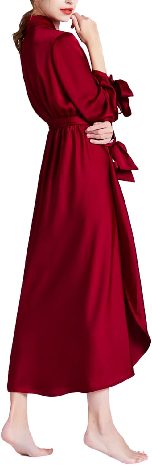 CYGE Women's V Neck Sexy Nightgrow Pajamas Silk Satin Lonh Sleeve Nightdress with Big Bowknot