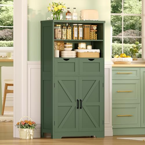 Image of TEENFON Bathroom Cabinet with Adjustable Shelf & 2 Drawers, Farmhouse Storage Cabinet with 2 Doors, Kitchen Storage Cabinets for Living Room, Entryway, Home Office, Forest Green