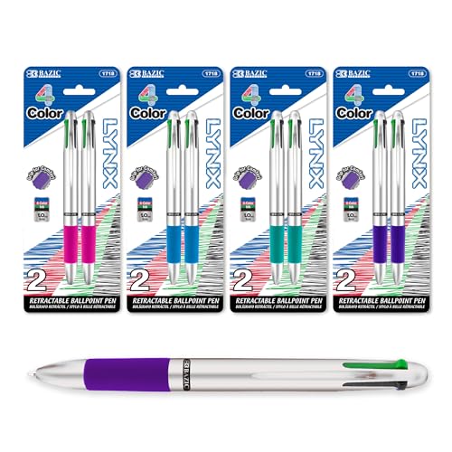 BAZIC Silver Top 4-Color Pen with Cushion Grip, Assorted, 3 Per Pack (1718-24P)