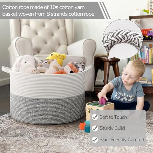 Image of INDRESSME Large Blanket Basket, Laundry Toy Storage Baskets, Decorative Woven Basket for Living Room & Nursery, Baskets for Gifts Empty, Laundry, Dog Toys, Towels, Light Grey, 19.7 inch D x 12.6 inch H