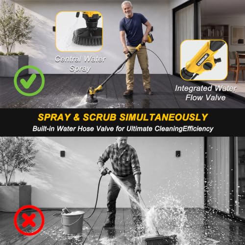 Image of 6 inch Brushless Cordless Power Spin Scrubber Compatible with DeWalt 20V Max (Tool Only), 2-Speed 350 RPM Electric Floor Scrubber with Water Hose Valve, 90 Adjustable Head for Deck, Patio & Driveway