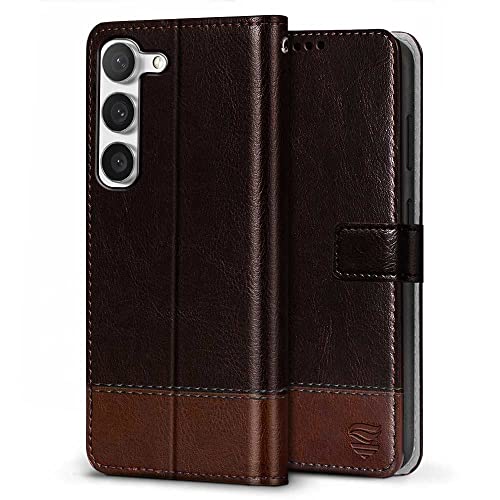 Image of FLIPPED Vegan Leather Flip Case Back Cover for Samsung Galaxy S23 5G (Flexible, Shock Proof | Hand Stitched Leather Finish | Card Pockets Wallet & Stand | Coffee with Brown)