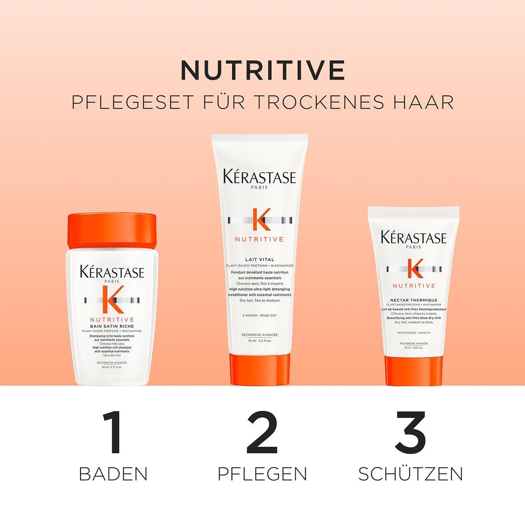 Kérastase, Nutritive, Pflegeroutine mit Shampoo und Haarkur und pflegendem Hitzeschutz, Pflegt trockenes Haar, Feuchtigkeitsspendend und revitalisierend, Probierset für mehr Glanz und Geschmeidigkeit