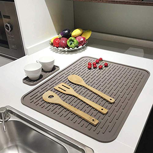 Dish Drying Mat – 23” x 18” XXL Silicone Drying Mats for Kitchen Counter Heat Resistant trivets Washable Rubber Drying Rack Mat for Dishes brown