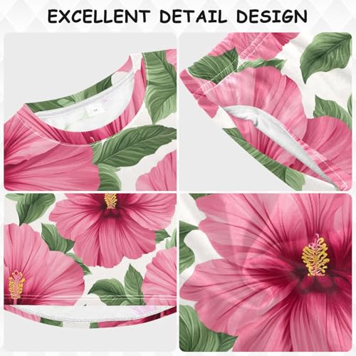 Pink Hibiscus Floral Pattern Soft Pajama Set for All Seasons,Breathable Pjs Long Sleeve Sleepwear,Comfy Loungewear 2 Piece Underwear Set 3T3