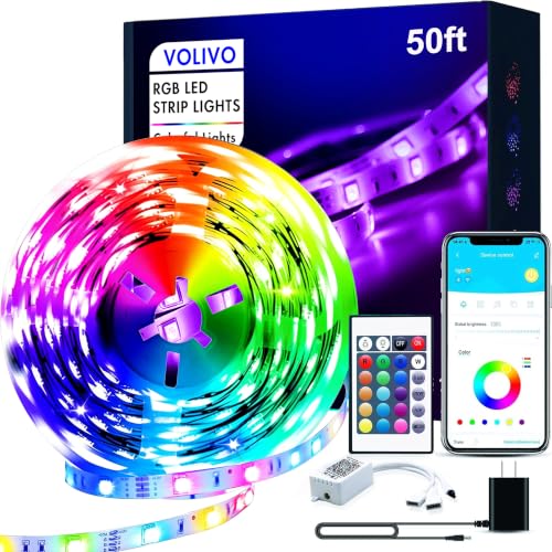 Image of VOLIVO 50 ft Led Strip Lights for Bedroom, Color Changing Led Light Strips Kit with Bluetooth App Control and IR Remote, RGB Music Sync Lighting for Room, Home Decor