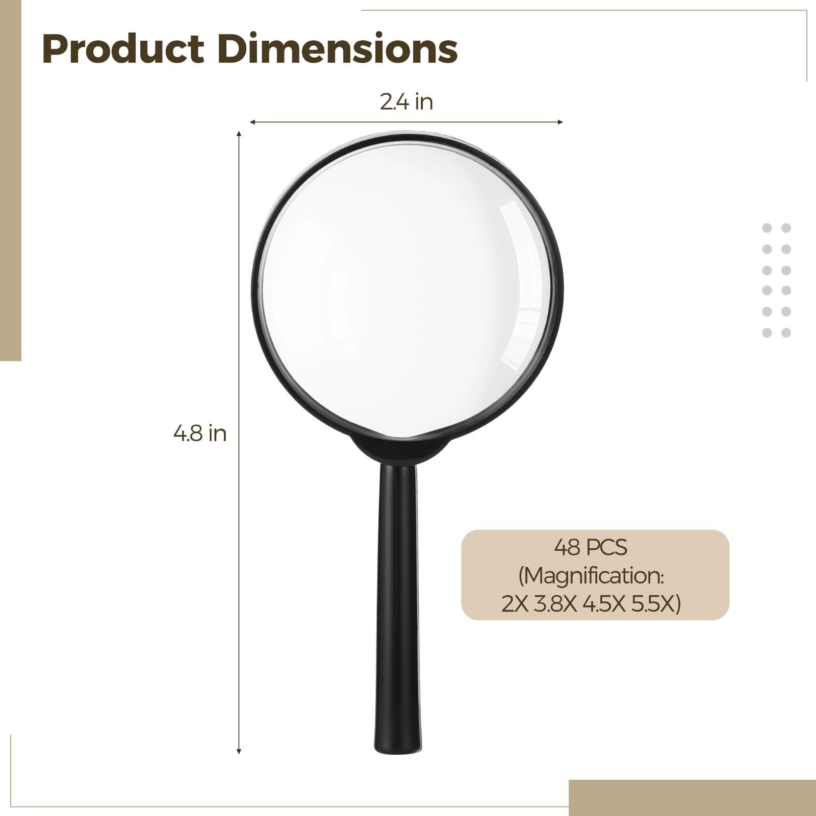 Juego de 48 lupas de mano de 60 mm de alta transmitancia, lupa de lectura con 2 opciones de 3.8 x 4.5 x 5.5 x, lupa manual ligera para una visualización de detalles finos