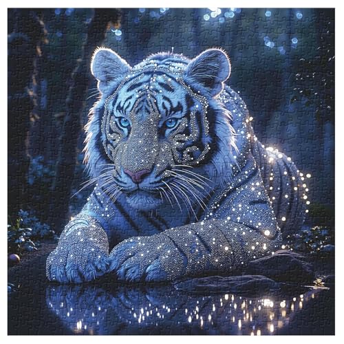 Puzzles para adultos PPuzzling 1000 piezas, Escena de bosque azul brillante, Rompecabezas de animales de fantasía Tigre blanco miniatura 1