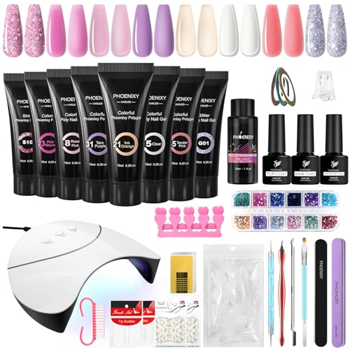 Kit Gel de Uñas, Phoenixy 8 Colores Poly Uñas Gel de 15 ml con Lámpara de 36W, Kit de Uñas de Extensión Poly Regalo Profesional de Arte de Uñas en Casa para Mujeres