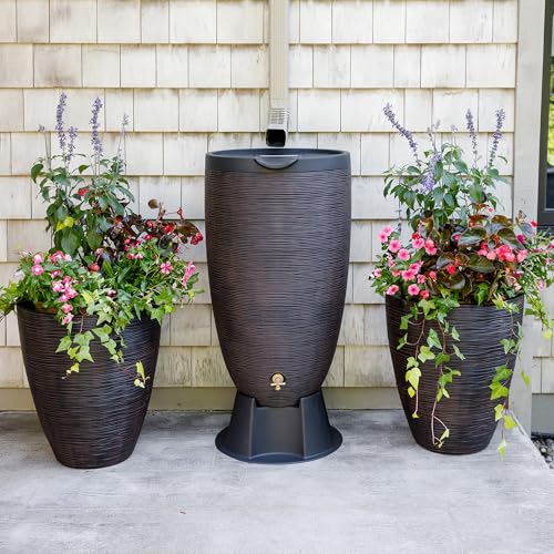Image of RTS Home Accents Newport 50‑Gallon Flat‑Back Rain Barrel with Stand & Planter Bundle - Bronze | Removable Lid, UV-Stabilized Outdoor Water Storage