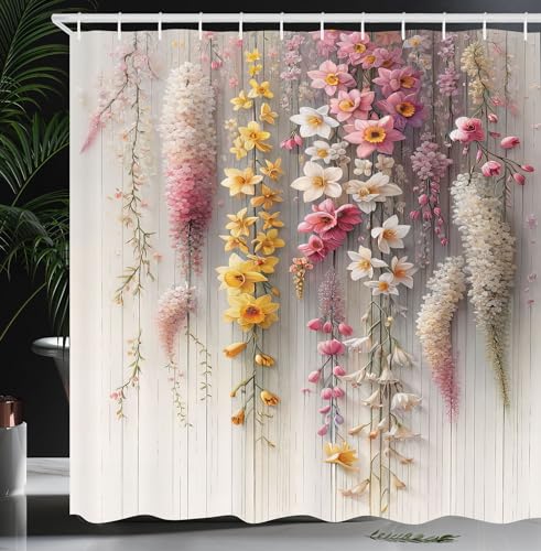 Ambesonne Spring Shower Curtain, Delicate and Romantic Arrange of Creeper Mesh Flowers Cascade Neutral Theme, Cloth Fabric Bathroom Decor Set with Hooks, 69" W x 70" L, Blush Yellow Pink