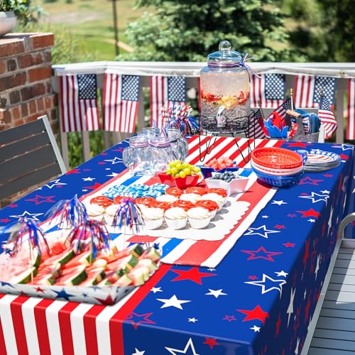 Image of Newwiee 6 Pcs 4th of July Patriotic Tablecloth Disposable American Flag Tablecloth 54x108 Plastic Red White Blue Independence Day Rectangle Table Cover 250th Decoration (Star Style)