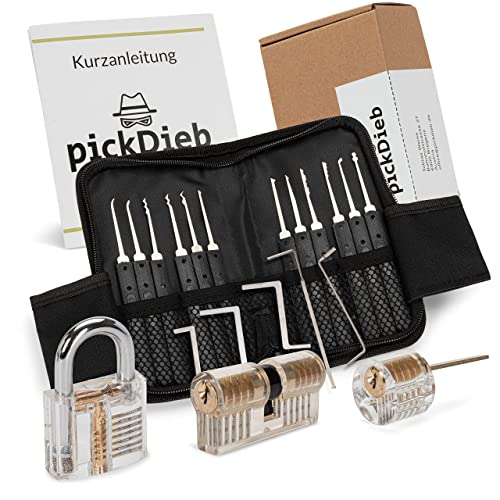 Preisvergleich Produktbild pickDieb - 26-teiliges Lockpicking Set mit 3 transparenten Übungsschlössern + Abdeckungen und Anleitung / Schlosszylinder aus Metall / Dietrichset für Anfänger und Fortgeschrittene
