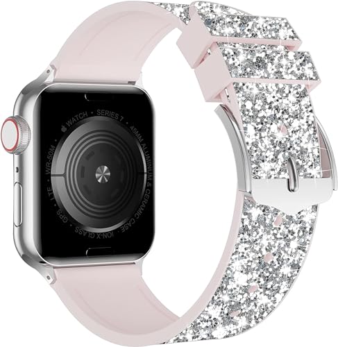iiteeology Bling Band Compatible with Apple Watch Band 45mm 44mm 42mm, Leather Glitter Band for iWatch Ultra 2/Ultra Series 9/8/7/6/5/4/3 - Silver/Pink