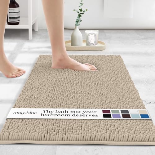 Image of MAYSHINE Extra Large Plush Shaggy Chenille Bath Mat 47 inchx27 inch Extra Soft, Super Absorbent, Non-Slip Bathroom Rug | Fluffy Microfiber, Area Rug Sets for Bathroom Floor, Kitchen, Living Room | Beige